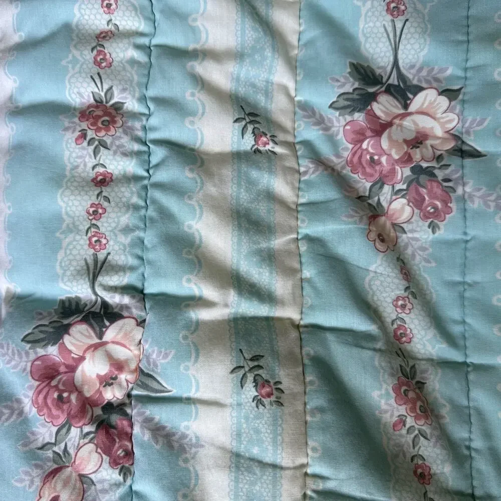 VTG Croscill Queen Comforter Skirt Shabby Chic Blue Floral QUILTED Lace Cottage
